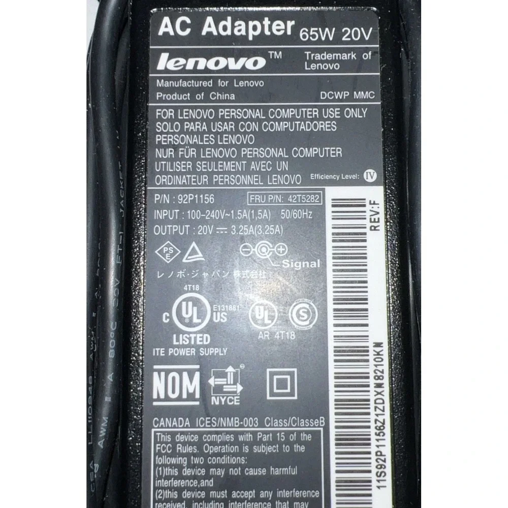 LENOVO 92P1156 20V 3.25A 65W Genuine OEM AC Power Adapter Charger_barrel tip